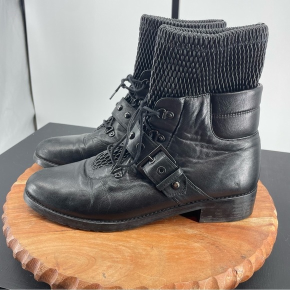 Stuart Weitzman Shoes - Stuart Weitzman Stitchwork Black Leather Combat Boots Sz 9.5 buckle strap